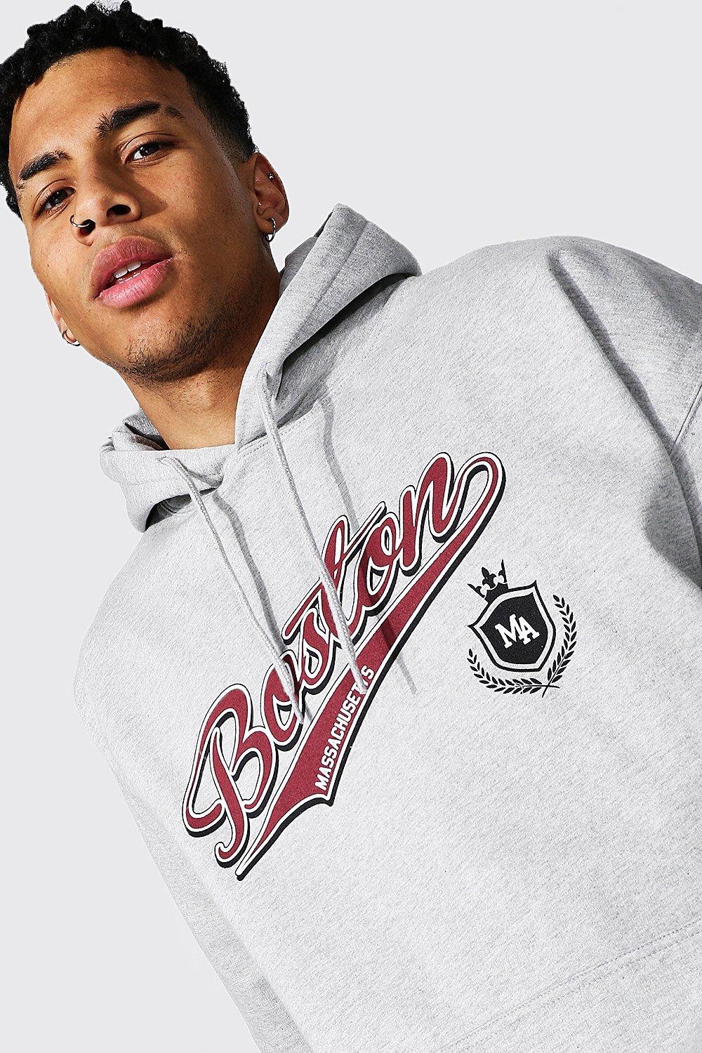 Men's Oversized Boston Varsity Printed Hoodie | boohoo